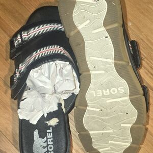 SOREL Black Slide Sandals with Striped Zipper Detail